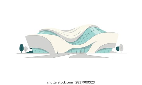sleek futuristic building featuring flowing curves and glass surfaces in neutral tones highlighting innovative architectural design and urban development