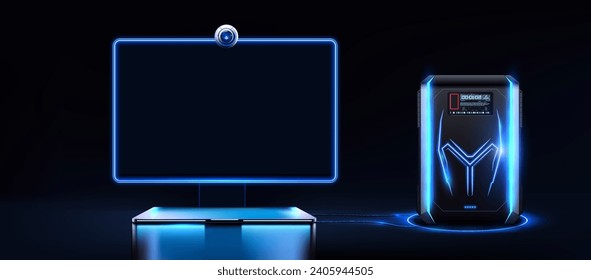 Das futuristische Gaming-Setup mit leuchtend blauen Neonleuchten und einem erweiterten PC-Turm wird unterstützt. Leistungsstarker PC oder Gaming-Desktop-Computer. Vektorgrafik