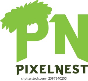 A sleek and futuristic logo for "PixelNest," designed for technology, digital services, and creative brands. The logo features a stylized nest made of pixel blocks, symbolizing innovation and creativi