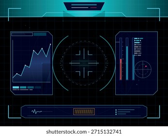 A sleek, futuristic sci-fi user interface with glowing blue elements on a dark grid background. Features include graphs, gauges, and targeting reticles.