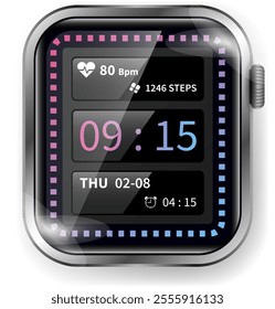 A sleek and futuristic smartwatch face featuring a multicolor gradient digital time display surrounded by vibrant dotted accents.