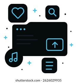 Um conceito de interface do usuário elegante e futurista com ícones flutuantes, design minimalista e elementos tecnológicos iluminados com neon, enfatizando a inovação e a interação digital avançada em um fundo branco.