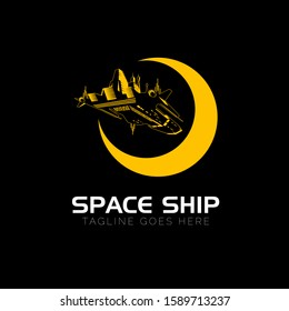 A sleek and futuristic vector logo featuring a highly detailed sci-fi spacecraft or space station silhouette flying across a bold yellow crescent moon. Set against a solid black background, this high-contrast gold and white graphic conveys exploration and advanced technology. It is ideal for aerospace companies, gaming studios, science fiction book covers, tech startups, and astronomical organizations.