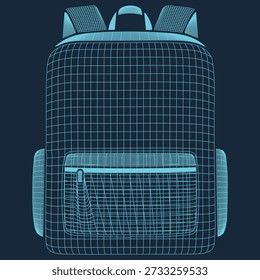 A sleek, futuristic wireframe backpack with a detailed mesh grid pattern, rendered in a clean cyan-blue hue against a dark background. Perfect for tech, education, or travel-themed designs.