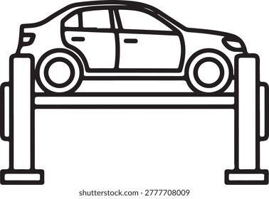 A sleek, generic sedan elevated on a two-post maintenance lift with stabilizing support stands, depicted in clean black and white line art. The illustration emphasizes automotive service and repair concepts, ideal for technical or instructional vector graphics.