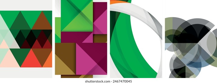 Sleek geometric abstract backgrounds composed of circles, lines, and triangles, exuding minimalist sophistication for wallpaper, business card, cover, poster, banner, brochure, header, website