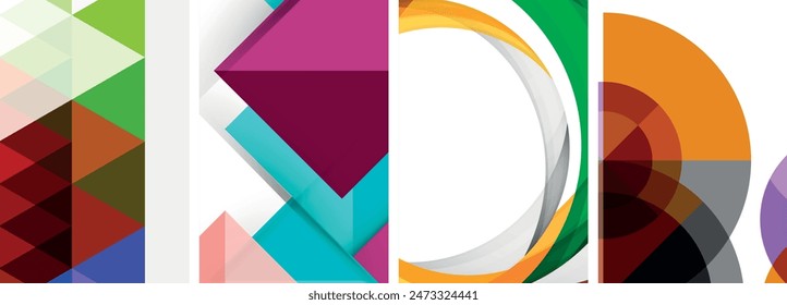 Sleek geometric abstract backgrounds composed of circles, lines, and triangles, exuding minimalist sophistication for wallpaper, business card, cover, poster, banner, brochure, header, website