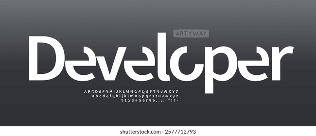 Sleek geometric alphabet, futuristic cutout letters, fragmented minimalistic font for innovative digital typography, modern cyber robotic design, software developer branding. Vector typeset