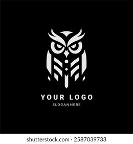  A sleek geometric owl logo with sharp, symmetrical lines, representing wisdom and precision. Perfect for branding, esports, corporate identity, and apparel. A bold and striking emblem.