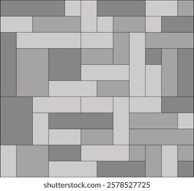 A sleek geometric pattern with rectangular tiles in grayscale tones, featuring minimalist design, dynamic shapes, abstract grid elements, 3D effects, and a stylish modern backdrop for wall decor.