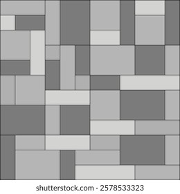 A sleek geometric pattern with rectangular tiles in grayscale tones, featuring minimalist design, dynamic shapes, abstract grid elements, 3D effects, and a stylish modern backdrop for wall decor.