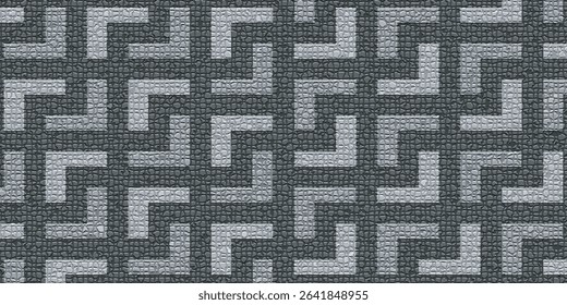 A sleek geometric pattern with rectangular tiles in grayscale tones, featuring minimalist design, dynamic shapes, abstract grid elements, 3D effects, and a stylish modern backdrop for wall decor.