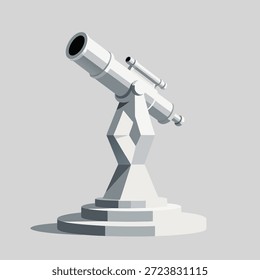 Um telescópio branco, geométrico e elegante montado num pedestal resistente, apresentado contra um fundo cinzento neutro.