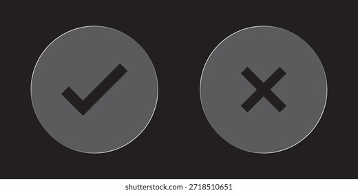 Vidrio elegante Marca de verificación x icono de marca. Marca de verificación verde y signo rojo x. Vector de error correcto aislado en el fondo blanco. Marca de verificación de voto en círculo y cuadro cuadrado.