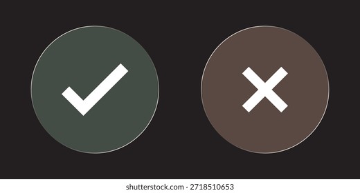 Vidrio elegante Marca de verificación x icono de marca. Marca de verificación verde y signo rojo x. Vector de error correcto aislado en el fondo blanco. Marca de verificación de voto en círculo y cuadro cuadrado.