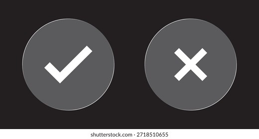 Vidrio elegante Marca de verificación x icono de marca. Marca de verificación verde y signo rojo x. Vector de error correcto aislado en el fondo blanco. Marca de verificación de voto en círculo y cuadro cuadrado.