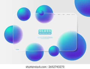 Elegante design de interface de usuário em estilo glassmorphism com esferas de gradiente azul e roxo flutuantes em um fundo claro. Perfeito para mostrar interfaces digitais modernas com uma estética futurista.