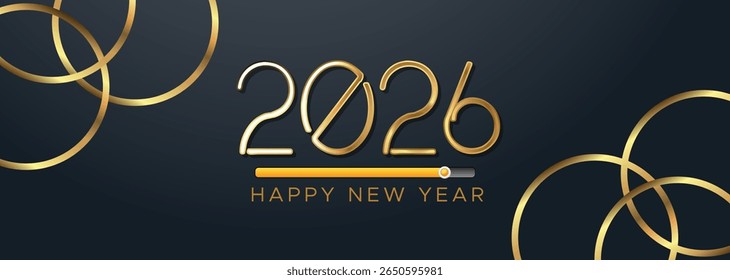 Elegante banner 2026 de texto dourado com fundo preto e linhas curvas
