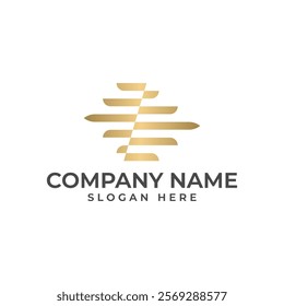 A sleek, golden abstract logo featuring overlapping lines arranged in a dynamic, radiating pattern. The design evokes a sense of energy, movement, and sophistication.