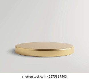 A sleek, golden circular platform with a reflective surface placed on a neutral backdrop