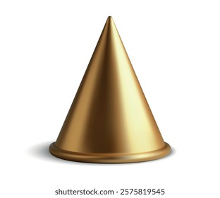A sleek, golden cone with a reflective surface placed on a clean white background