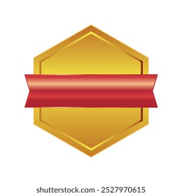 A sleek golden hexagonal badge with a bold red ribbon, perfect for awards, logos, or certificates.