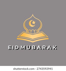 Sleek Golden Mosque Icon with Eid Mubarak Typography on Gray Background