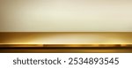 Sleek golden shiny kitchen desk surface with metallic texture, soft reflections and shadows. Realistic 3d vector illustration of gold colored metal countertop or shelf surface in limbo like setting.