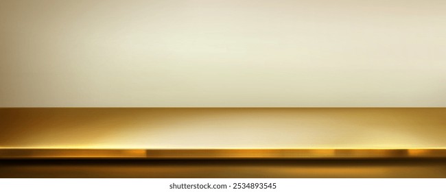 Elegante goldglänzende Küchenschreibtischoberfläche mit metallischer Textur, sanften Reflexionen und Schatten. Realistische 3D-Vektorgrafik der goldfarbenen Metall-Arbeitsplatte oder -Regalfläche in limboartiger Umgebung.