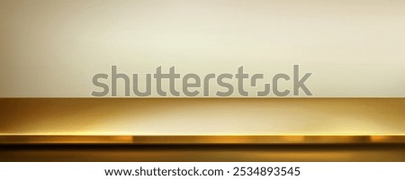 Sleek golden shiny kitchen desk surface with metallic texture, soft reflections and shadows. Realistic 3d vector illustration of gold colored metal countertop or shelf surface in limbo like setting.