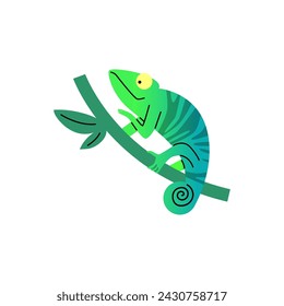 A sleek green chameleon with striped patterns, perched on a branch, in a stylized vector illustration, ideal for nature-themed designs