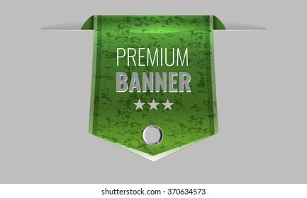 Sleek Green Web Ribbon Or Bookmark Hanging Down With Grunge Background. Vector Illustration