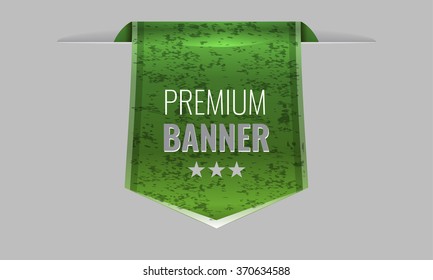 Sleek Green Web Ribbon Or Bookmark Hanging Down With Grunge Background. Vector Illustration