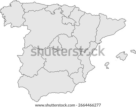 A sleek, grey silhouette map of Spain with clear outlines of its autonomous communities. Perfect for professional, educational, or political projects.