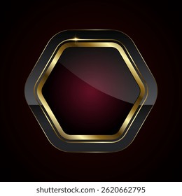 A sleek, hexagonal button featuring a glossy black center with a deep red gradient, bordered by a radiant gold trim. Luxury button vector in dark red gradient vector