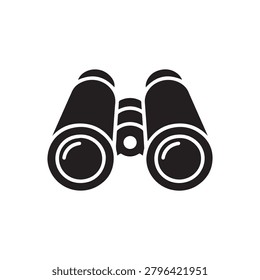 A sleek, high-contrast silhouette of binoculars featuring bold black and white tones. The design emphasizes the cylindrical lenses and central hinge, rendered in a clean, modern style with subtle shad.
