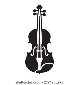 A sleek, high-contrast silhouette of a violin displayed against a plain background. The instrument features detailed tuning pegs at the top, an elegant scroll, and characteristic f-holes. The monochro.