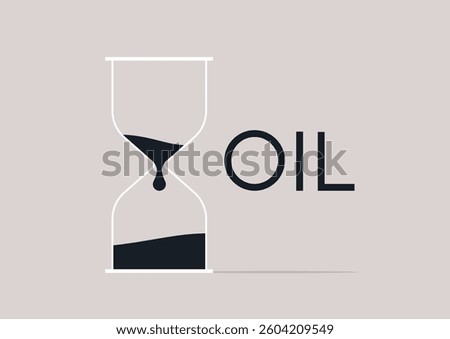 A sleek hourglass with dark liquid inside represents the dwindling supply of oil, illustrating the urgency of time and resource management in today's society.
