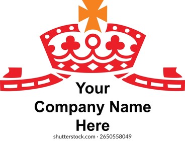 A sleek icon featuring a red crown with an orange top, placed above a ribbon-like design, symbolizing royalty, honor, and achievement.
