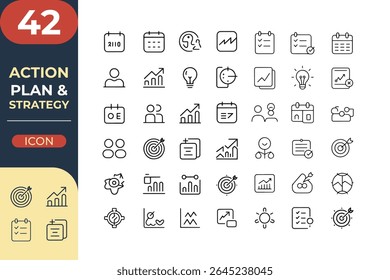 A sleek icon set for action planning, featuring goal setting, analysis, and performance tracking in a modern linear style.