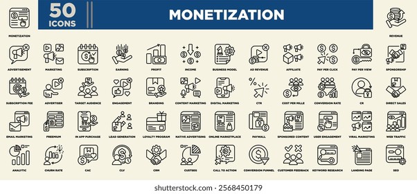 A sleek icon set focused on monetization, featuring visuals for revenue streams, marketing strategies, subscriptions, analytics, user engagement, digital sales, SEO, and customer management tools.