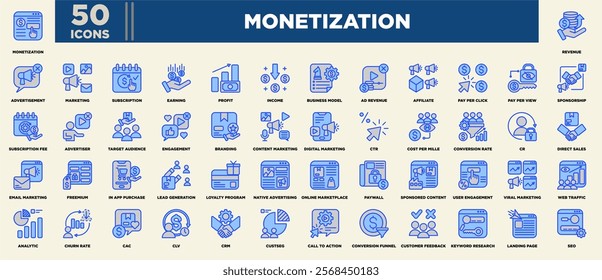 A sleek icon set focused on monetization, featuring visuals for revenue streams, marketing strategies, subscriptions, analytics, user engagement, digital sales, SEO, and customer management tools.