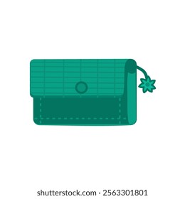 A sleek illustration of a green wallet featuring a button clasp, textured pattern, and a floral charm