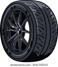 Sleek illustration of a high-performance black tire, emphasizing advanced tread design and durability, ideal for automotive enthusiasts and racing technology fans