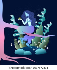 Sleek illustration of magic beast mermaid in the forest.