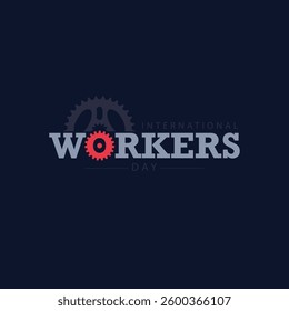 A sleek International Workers' Day logo featuring bold typography with a red gear in the center, symbolizing labor and industry