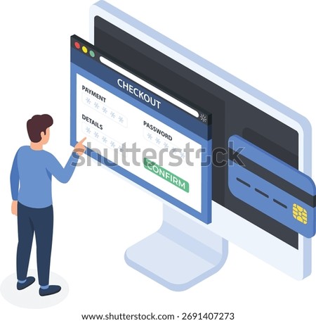 A sleek, isometric 2D illustration demonstrating the final step of an online purchase: adding payment details during the checkout process.