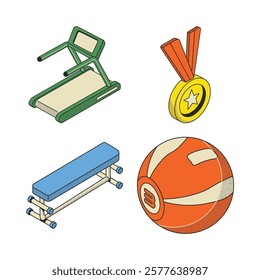 Sleek Isometric Cartoony Lined Fitness Equipment