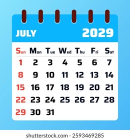 Sleek July 2029 calendar template with a functional design. Great for organizing events, tracking deadlines, and managing your monthly agenda.