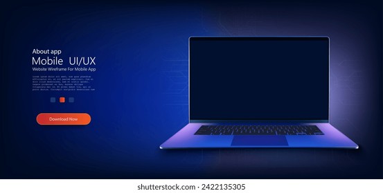 Portátil elegante con luz de fondo azul brillante y pantalla vacía. Ordenador portátil moderno con una brillante luz de fondo azul que ilumina el teclado y una pantalla en blanco, perfecto para su contenido personalizable. Vector